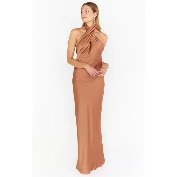 halter neck evening dresses long Dusty Blue Halter Neck Slit A-line Chiffon Long Bridesmaid Prom Dress main image 0